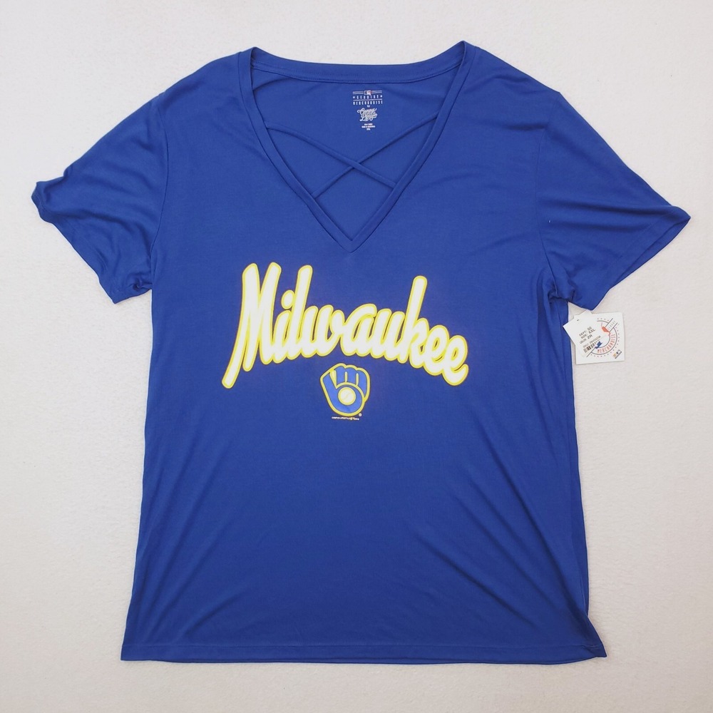 Milwaukee Brewers Shirt Womens XXL Blue Yellow Lace Front VNeck Glitter Spellout